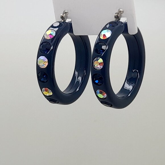 Dark blue Lucite Acrylic wide 1.5 Hoop dk blue & ab  Latch back Fashion Earrings - Picture 1 of 4